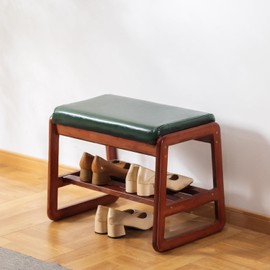 SOBIBO Solid Wood Shoe Bench, 2-Tier Wooden Entryway Bench, Modern Shoe Rack with Faux Leather Cushion for Hallway, Living Room (Green, 21.65'')