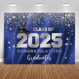 Mocsicka 2025 Graduation Party Backdrop Class of 2025 Blue Silver Glitter Background Congratulations Graduates Party Decoration Banner Photo Booth Props (10x7ft)