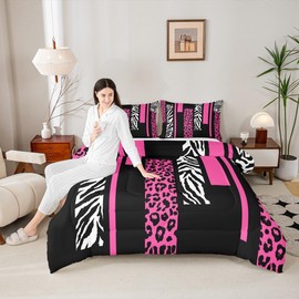 Leopard Zebra Skin Comforter Set King Size,Cheetah Wild Animals Rustic Bedding Set,Girls Women Room Decor,Geometric Squares Patchwork Down Comforter,Rose Pink Romantic Duvet Insert,2 Pillowcases