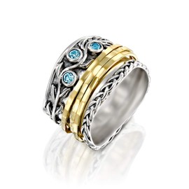 Paz Creations 925 Sterling Silver Spinner Ring with Blue Topaz Gemstone, Anxiety Ring/Boho Ring with 14K Gold Fidget Ring, 925 Sterling Silver Rings for Women (S 6)