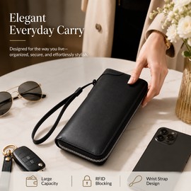 Long Zip-Around Leather Wallet for Daily Carry – Dual-Zipper Card Organizer with Detachable Wristlet for Men and Women