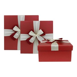 Emartbuy Set of 3 Rigid Square Gift Box, Red Box with Lid, Brown Interior and Satin Decorative Ribbon