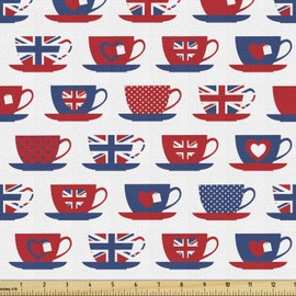 Ambesonne Tea Party Fabric by The Yard, Britain Themed Teacup Forms Patterned Union Jack Hearts Flags, Decorative Fabric for Upholstery and Home Accents, 1 Yard, Dark Night Blue