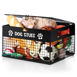Qmetalart Dog Toy Box, Metal Dog Toy Storage Box with Lid, Chew-Resistant Dog Toy Basket, Durable Toys Bin for Small Dogs and Pet, Puppy Toy Holder Boxes for Living Room