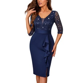 Miusol Women's Sexy V Neck Sequin Ruffle Style Cocktail Party Dress (Large, Navy Blue)