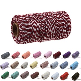 1 Roll 2mm 109 Yard Colourful Cotton Cord Bakers Twine DIY Crafts Gift Wrapping Christmas Wedding Home Decor String Rope (Dark Red+White)
