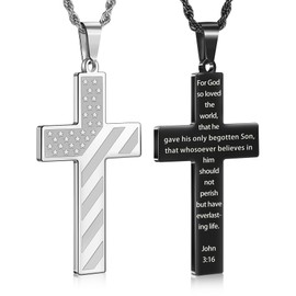Romass 2Pcs Cross Necklace for Men Boys, American Flag Bible Verse Stainless Steel Silver Black Crosses Necklaces Pendant Chain Jewelry Box Gifts