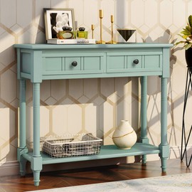 Sofa Table with Drawers Entryway Table Wood Console Table with Two Storage Drawers and Bottom for Living Room (Retro Blue)