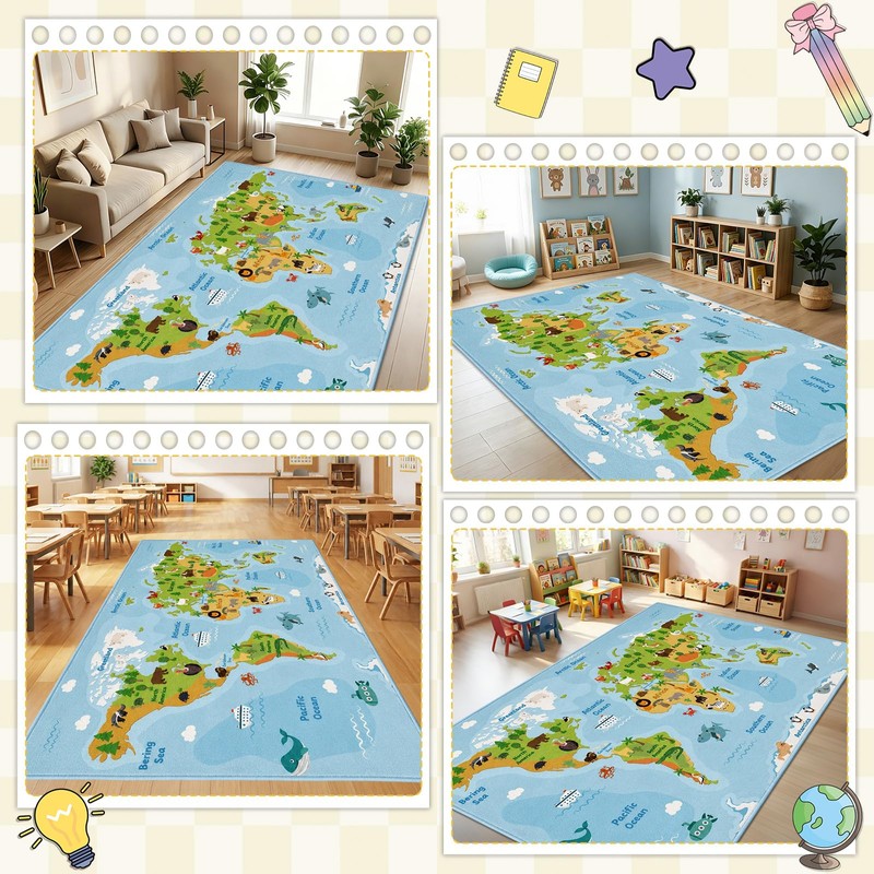 7.6x12 ft Large World Map Classroom Rug Travel Maps Educational