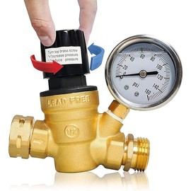Hourleey RV Water Pressure Regulator, Adjustable Handle Brass Water Pressure Regulator, Water Pressure Reducer with Gauge and Inlet Screened Filter for RV Camper Travel Trailer
