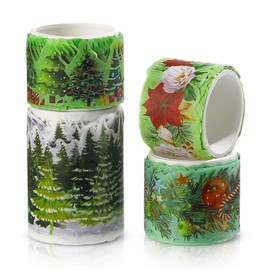 PUIKSXER Christmas Washi Tape Set, 4 Rolls Xmas Tree Poinsettia Washi Masking Tape Holiday Pattern Decorative Tapes for Scrapbook Journal Gift Wrapping DIY Craft - 3 Sizes