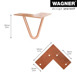 WAGNER 12821401 Furniture Leg / Table Leg / Furniture Foot - Hairpin Leg - Retro Style - Powder-Coated Steel Copper, 12 x 12 x 10 cm, Tapered Leg / Angled Leg, Integrated Screw-On Plate