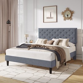 SHA CERLIN Queen Size Velvet Bed Frame with Adjustable Headboard, Diamond Button Tufted and Rivet Decor, No Box Spring Needed, Silver Grey