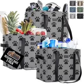 GORILLA GRIP 50lb Large Capacity Reusable Grocery Shopping Bags, 3 PK, Tear Resistant Heavy Duty Tote with Reinforced Handles, Grip Feet, Easily Carry Groceries Supplies Toys, 13x10x11, Paw Gray Black