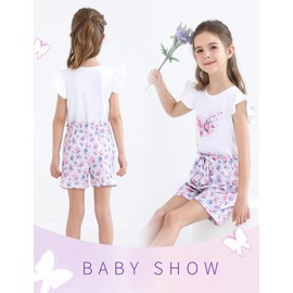 YOUNGER TREE Toddler Baby Girl Clothes Ruffle Short Sleeves T-Shirt Tops and Shorts Set Cute Summer Outfits (Butterfly, 6-12 Months)