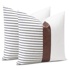 OTOSTAR Pack of 2 Faux Leather Striped Patchwork Pillow Covers 20 x 20 Inch Farmhouse Boho Decorative Throw Pillow Covers Couch Cushion Pillow Case for Sofa Bed Living Room Home Decor (Stripe Coffee)