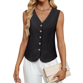 Gaharu Vest Tops for Women: Black L 2025 Cotton Linen Sleeveless Blazer Vests - Office Casual Ladies Button Down Waistcoat - Elegant Tank Tops for Fashion Freelancer