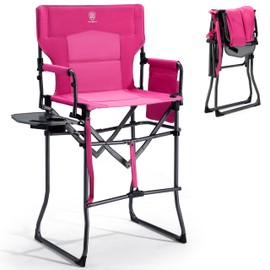 EVER ADVANCED Portable 30.7" Seat Height Tall Folding Camping Chair Directors Chair High Foldable Bar Stool with Side Table for Makeup Artist, Sports Event, Craft Show, Supports 350LBS Pink