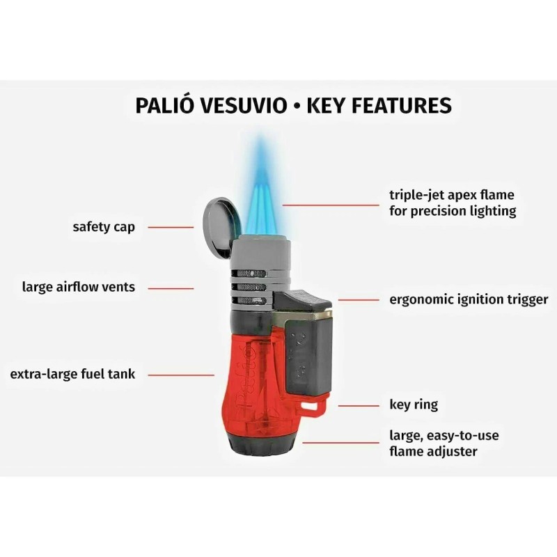 Palió Vesuvio Triple Jet Flame Torch Lighter, Apex Flame Red