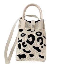 Leonelyric Smartphone Shoulder Knit, Women's, Leopard Print, Pochette, Magnetic Button, Mini Shoulder Bag, Vertical, Diagonal, Smartphone Pouch, Cute, Cute, Durable, Pattern, white