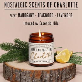 Charlotte Gifts, Charlotte Decor for Home - 'There's No Place Like Charlotte Candle, w/Mahogany & Teakwood I Charlotte Souvenirs I 9oz Jar, 50Hr Burn, Made in USA