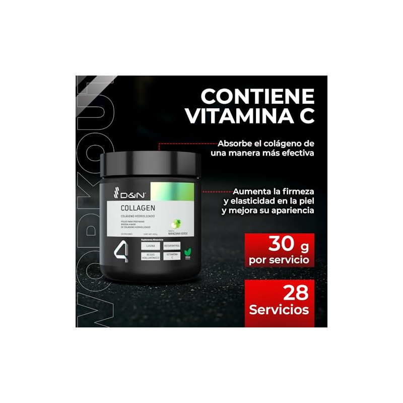 Colágeno Hidrolizado Polvo 420 Manzana Verde Vitamina Ácido Hialurónico Resveratrol