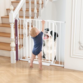 Cideny 34" Extra Tall Baby Gate for Stairs, Auto Close Stroller Friendly Dog Gate Indoor for Doorways, Pressure Mounted 29"-40" Wide Baby Gate, Easy Walk Through Gate for Children & Pets, White
