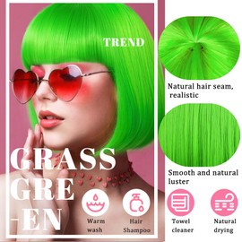 LIULIUBTY Black Bob Wig for Women, 10" Heat Resistant Synthetic Hair, Straight Bangs, Daily/Party Wear (Bright Green)
