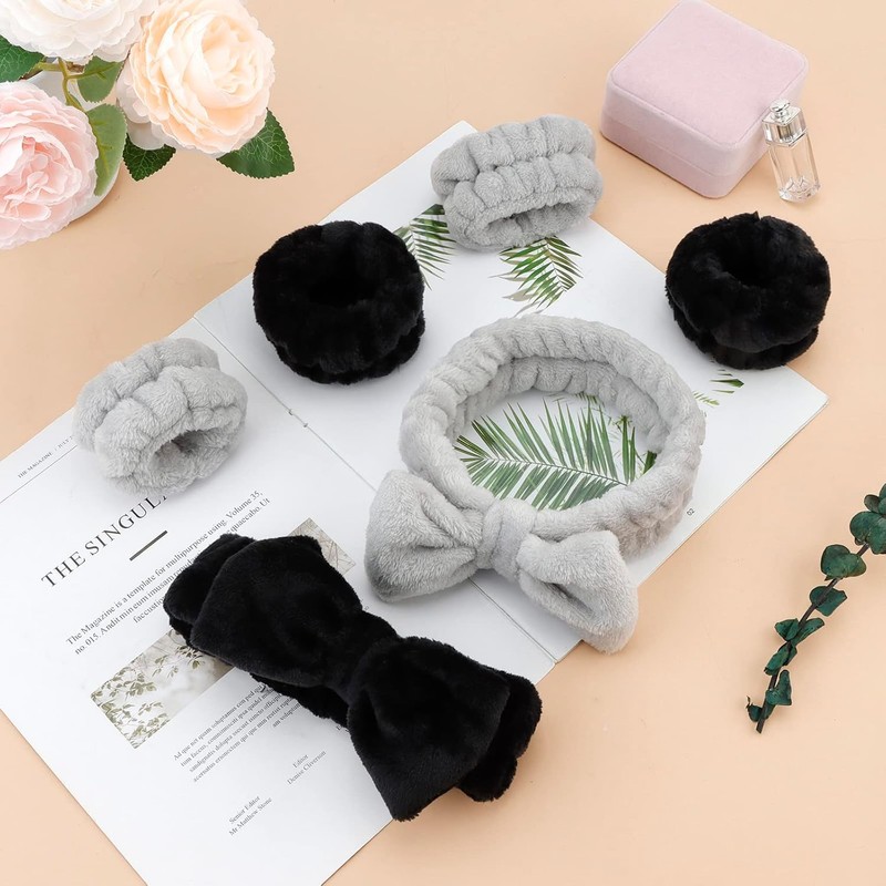6 Pcs Spa Headband and Wristband Set, Multicolour Microfiber Fleece