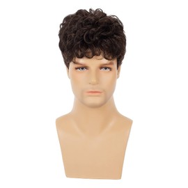 Swiking Men Brown Short Wigs Curly Fluffy Natural Synthetic Hair with Bangs Daily Full Wig for Male Guy
