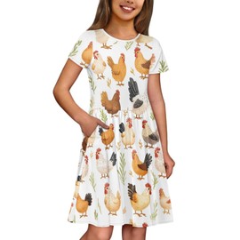 Tongluoye Chicken Dresses for Girls Size 7-8 Summer Dress with Pockets Short Sleeve Dresses for Toddler Girls Casual Ruffle Crewneck Dress Hen Kids Outfits Trendy Clothes Back to School Playwear