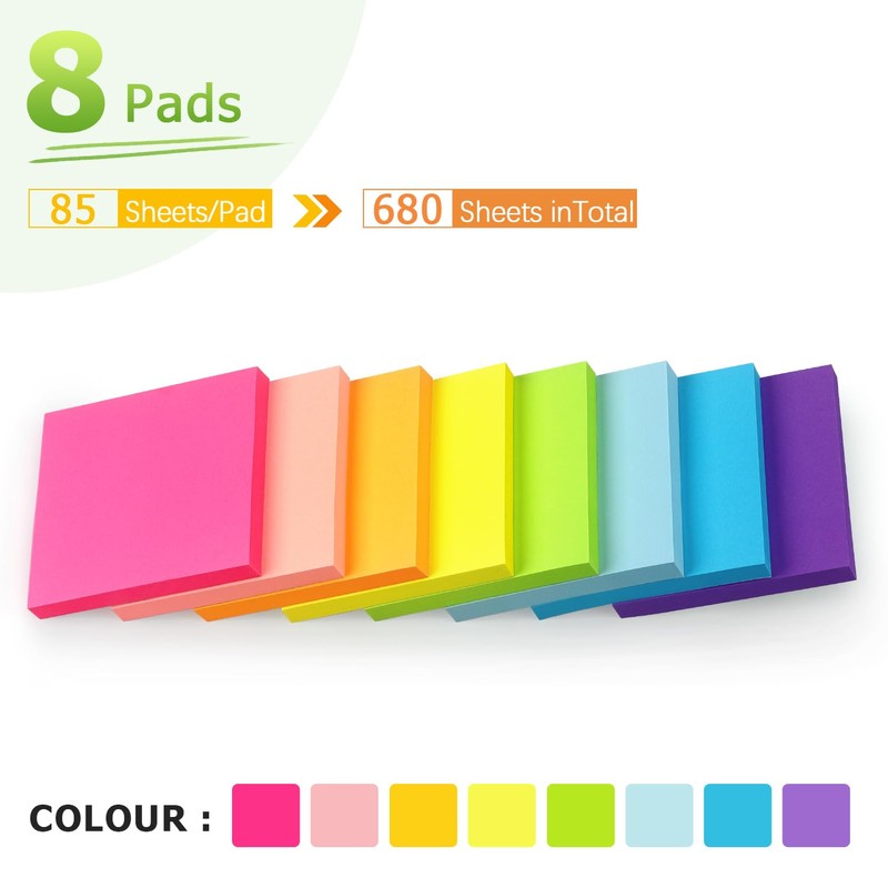 Sticky Notes 3x3 inch Bright Colors Self-Stick Pads 8 Pads/Pack