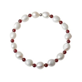 Red Garnet Beads Mixed Cultured Freshwater Baroque Pearl Stretch Bracelet 7 Inch