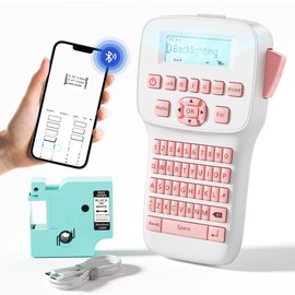 Vixic Label Maker, Portable Label Maker Machine with Tapes LM1600, Backlighting LCD Screen Label Maker with QWERTY Keyboard, Pink Rechargeable Handheld Labeler, Home School Office Organization