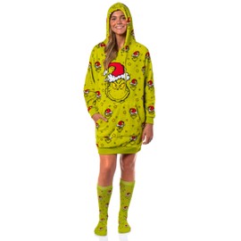 MJC Dr. Seuss The Grinch Women's Pullover Hooded Plush Fleece Adult Pajama Dorm Sleep Shirt With Knee High Socks (Small)