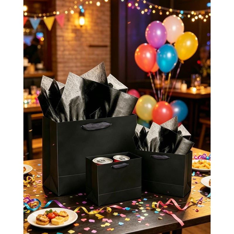 qiqee Black Gift Bags with Tissue Paper Mulit Assorted Sizes