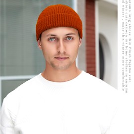 Irzaki Fisherman Beanie for Men Knit Trawler Beanie Short Cuffed Watch Cap for Men Orange