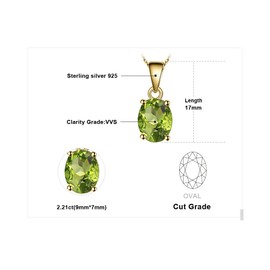 JewelryPalace Class 1.7ct Oval Cut Natural Gemstones Green Peridot Birthstone Solitaire Pendant Necklace For Women, 14k Yellow Gold Plated 925 Sterling Silver Necklace for Her, 18 Inches Chain