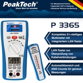 PeakTech 3365 – LAN Tester & Digital Multimeter, Netzwerkprüfgerät, Spannungsprüfer, Handmultimeter, Kabeltester, Messung, Spannungsmesser, Durchgangsprüfer, Messgerät, Erdungskabel - 600 V P 3365