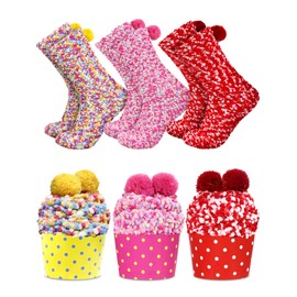 SATINIOR 3 Pairs Valentine's Day Cupcake Socks Fuzzy Socks with Cupcake Wrappers Presents for Women Girls DIY