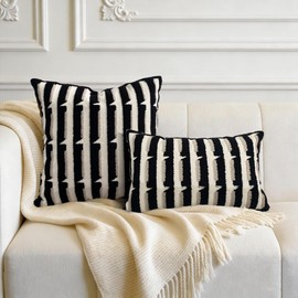 20"x20" Black Cream Stripe Tufted Pillow Covers Luxury Geometric Accent Pillows Soft Woven Decorative Pillow Cases for Couch, Sofa, Bedroom Décor (Black, 20"×20")