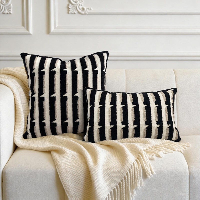 20"x20" Black Cream Stripe Tufted Pillow Covers Luxury Geometric Accent