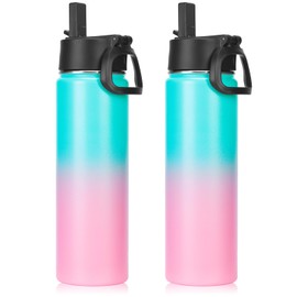 Neihepal 22 oz Insulated Kids Water Bottle with Straw Lid Bulk 2 Pack,Reusable Double Wall Vacuum Metal Cups Keeps Cold and Hot,18/8 Stainless Steel Sports Bottles for Gym School(Green Pink,2 Set)