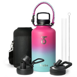 Water Bottle 64oz with Paracord Handle, Trebo Half Gallon Double Wall Vacuum Stainless Steel Insulated Jug with Straw Spout Handle Lids, Leakproof Water Flask Keep Cold Hot Thermo Canteen Mug,Rose Red