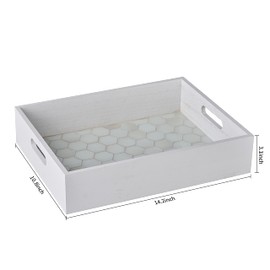 14” White Wooden Serving Tray with Cutout Handles and White Mosaic Glass Base Perfect for Luxurious Countertop Coffee Dressing Table Living Room Bathroom Bedroom(Mosaic Glass)
