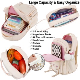 QHRIDS 3PCS Backpack for Girls Fits 15.6 Inch Kids Backpack with Lunch Box,Pencil Pouch Set,Waterproof Bookbag School Bags for Teens Girls Elementary Students,Beige