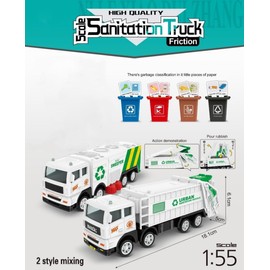 AptoFun 1:55 Garbage Truck Toy Set, 1 x Friction Operated Garbage Truck, 1 x Friction Operated Road Sweeper with 4 x Mini Bin