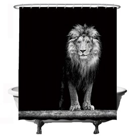 Ulticool Shower Curtain - Lion Head Nature Animals - 180 x 200 cm - Washable - Anti Mould - with 12 Rings - Black White Grey