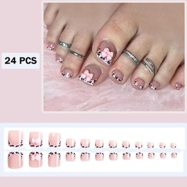 Leopard Print Bow Press-On Toenails Square False Toenails Cute 3D French Bow Design Bright Pink Acrylic Full Cover Toenail Stickers Women Girls Toenail Decorations 24 pcs