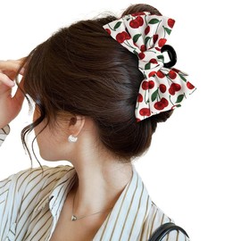 Wenlly big cherry bowknot hair claw clip, 5.9 inch large retro hair jaw clips, elegant hair accessory, 1 piece, white